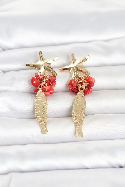 Bouquet Boutique Deniz Yıldızı ve Balık Detaylı Kırmızı Taşlı Gold Renk Kadın Küpe BQT35BKP11795