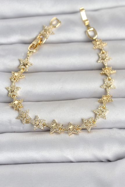 Bouquet Bouqtique Sıralı Yıldız Model Zirkon Taşlı Gold Renk Pirinç Kadın Bileklik BQT35BB8496