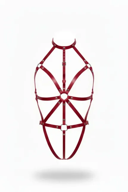 Bordo Body Harness Deri Yüksek Yaka O-Halkalı Vücut Aksesuarı - APFT243