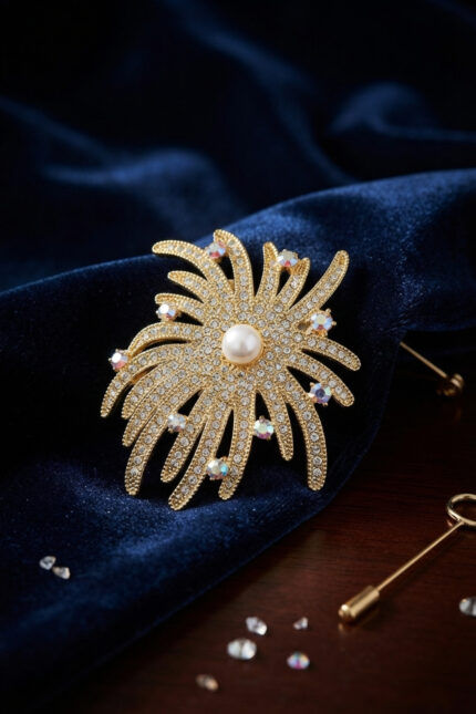 Bouquet Boutique Zirkon Taşlı Gold Renk İnci Detaylı Broş BQT35BR504