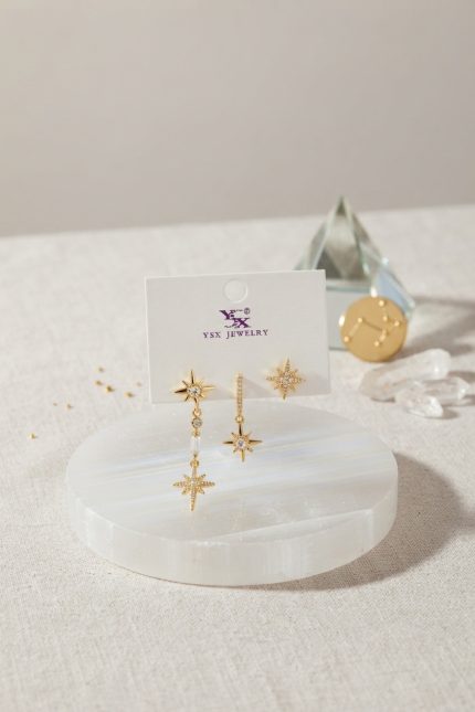 Bouquet Bouqtique Pirinç Gold Renk Zirkon Taşlı Kutup Yıldızı Model Kadın Küpe Seti BQT35BKP12191