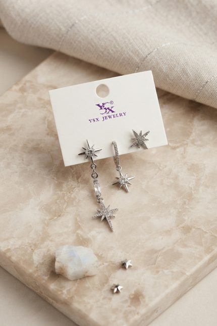 Bouquet Bouqtique Pirinç Gümüş Renk Zirkon Taşlı Kutup Yıldızı Model Kadın Küpe Seti BQT35BKP12192
